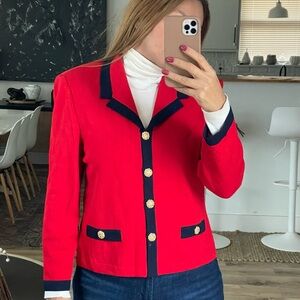 St. John Red knit Blazer with navy Trim
